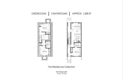 Floor plan for 3 beds, 2 baths, 1208 sqft